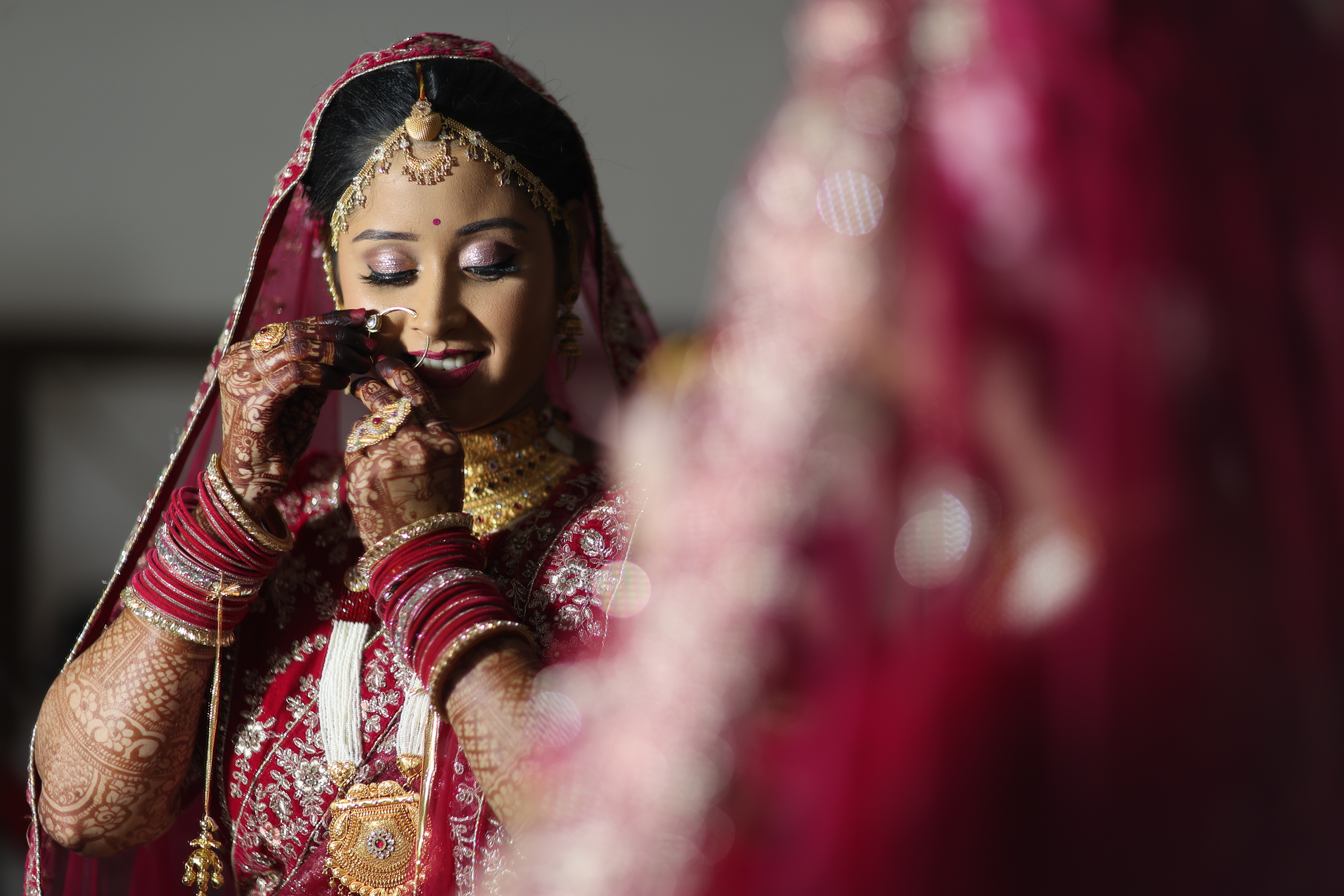 Wedding couple portrait with floral background